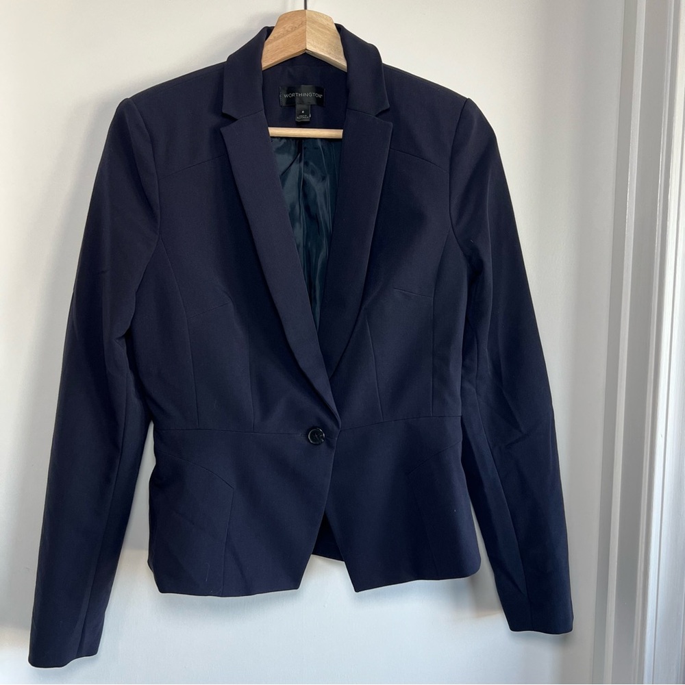 Worthington Navy Single Button Blazer Cropped Business Casual Jacket, Size 6